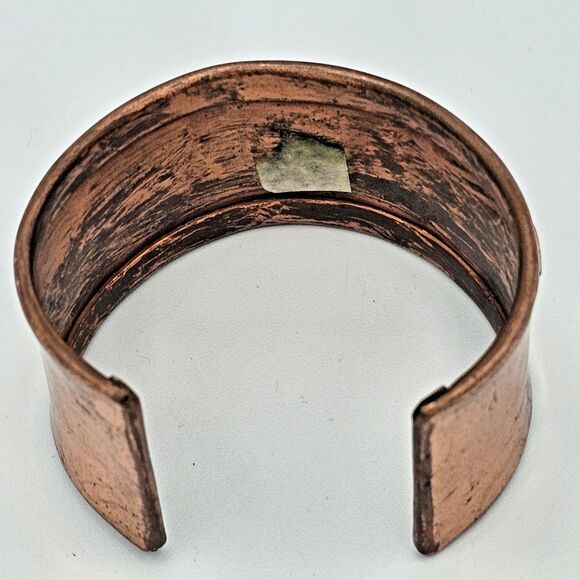 Copper Brass Cuff Bracelet Vtg Tropical Island Palm Frond Tree Sun Antique Boho - Picture 6 of 7